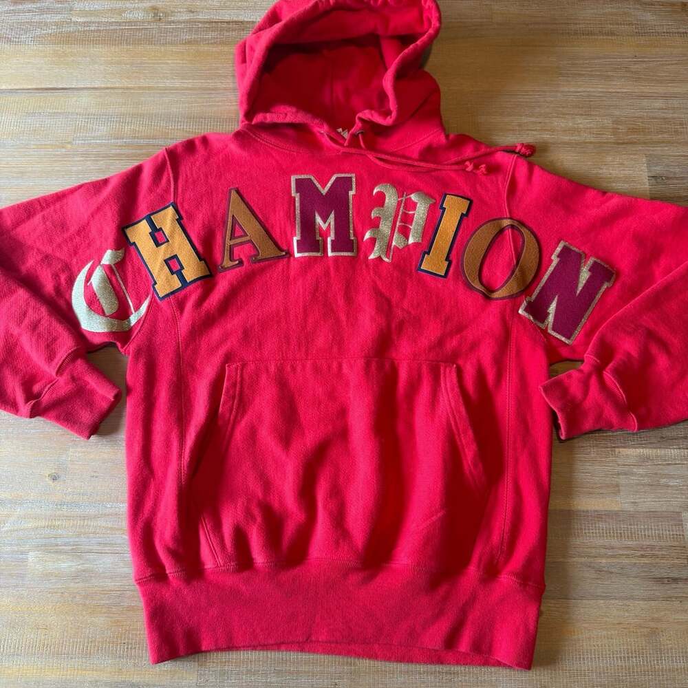 Champion Reverse Weave Old English Hoodie Red Size Small